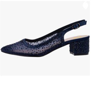 XYD Navy Rhinestone Pumps Sheer Mesh Slingback Block Heels Pointed Toe Shoes